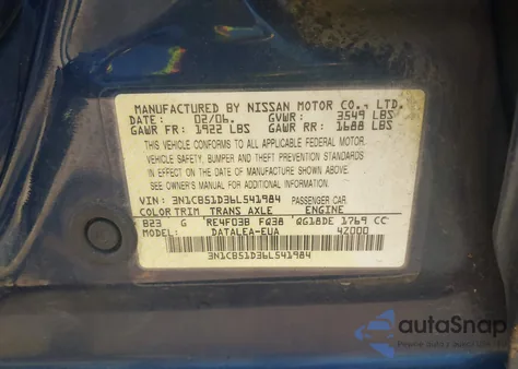 2006 Nissan Sentra 1.8S z USA, uszkodzony, nr VIN 3N1CB51D36L541984